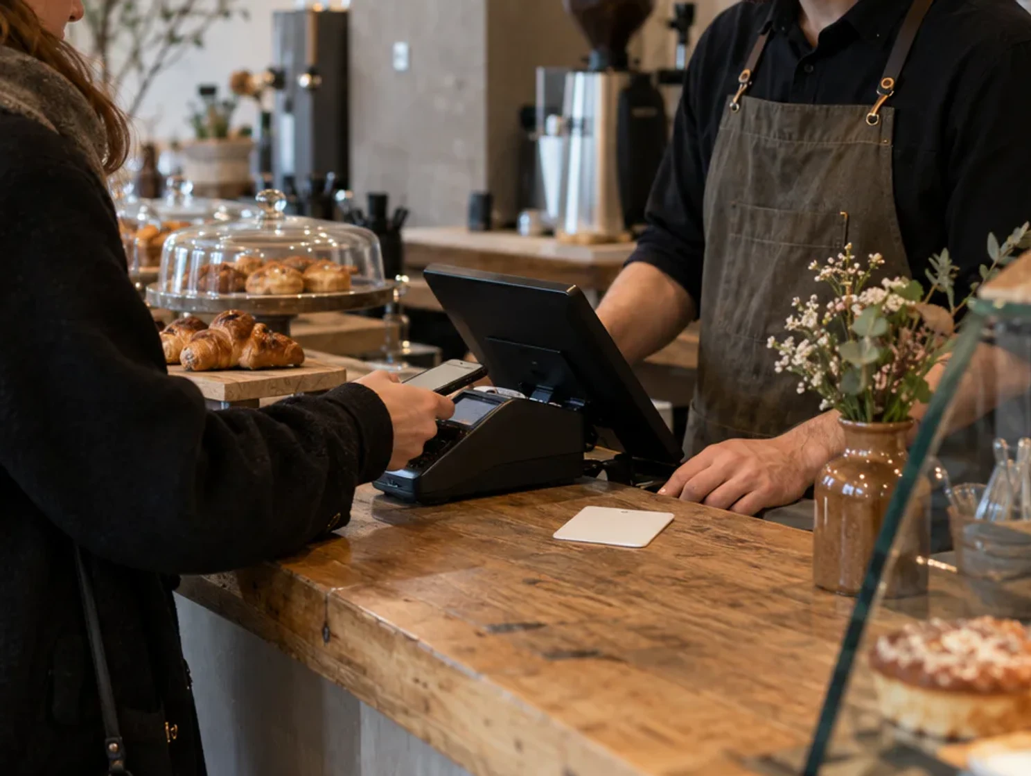 Kunde avslutter betalingen ved disken i en kafé