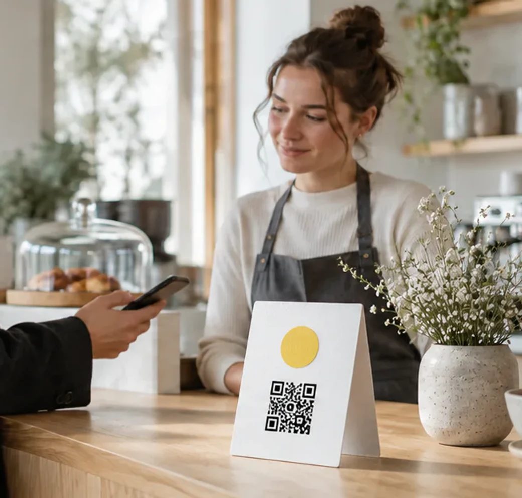 Tett utsnitt av et fysisk NFC- og QR-kort på disken